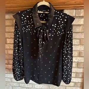 Alfani Bow-Neck Long-Sleeve Black Polka Dot High Shoulder Size Large Blouse